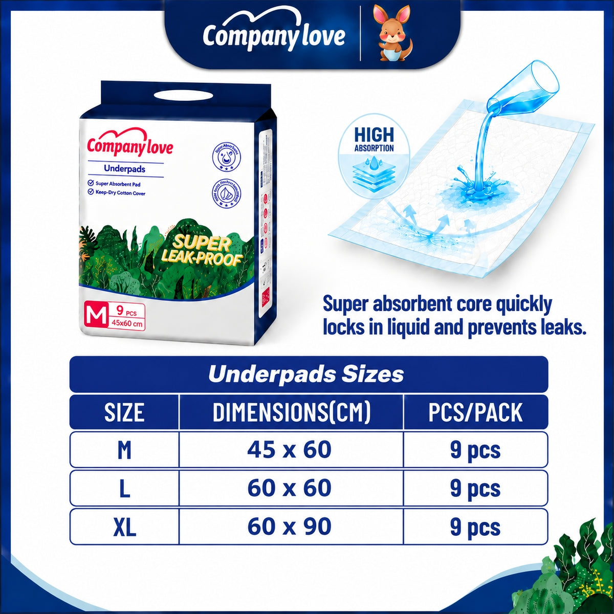 [LUZON Free shipping] Company love Disposable Underpad Incontinence pad 9 Pieces × 14 Packs, M–XL