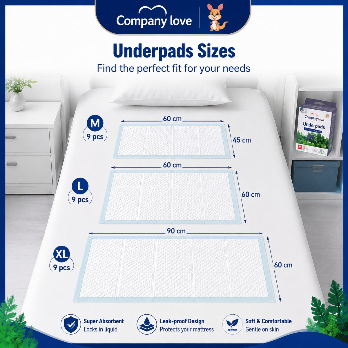 [LUZON Free shipping] Company love Disposable Underpad Incontinence pad 9 Pieces × 14 Packs, M–XL
