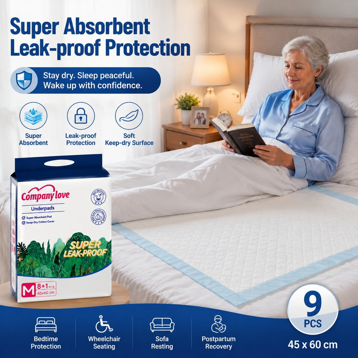 [LUZON Free shipping] Company love Disposable Underpad Incontinence pad 9 Pieces × 14 Packs, M–XL