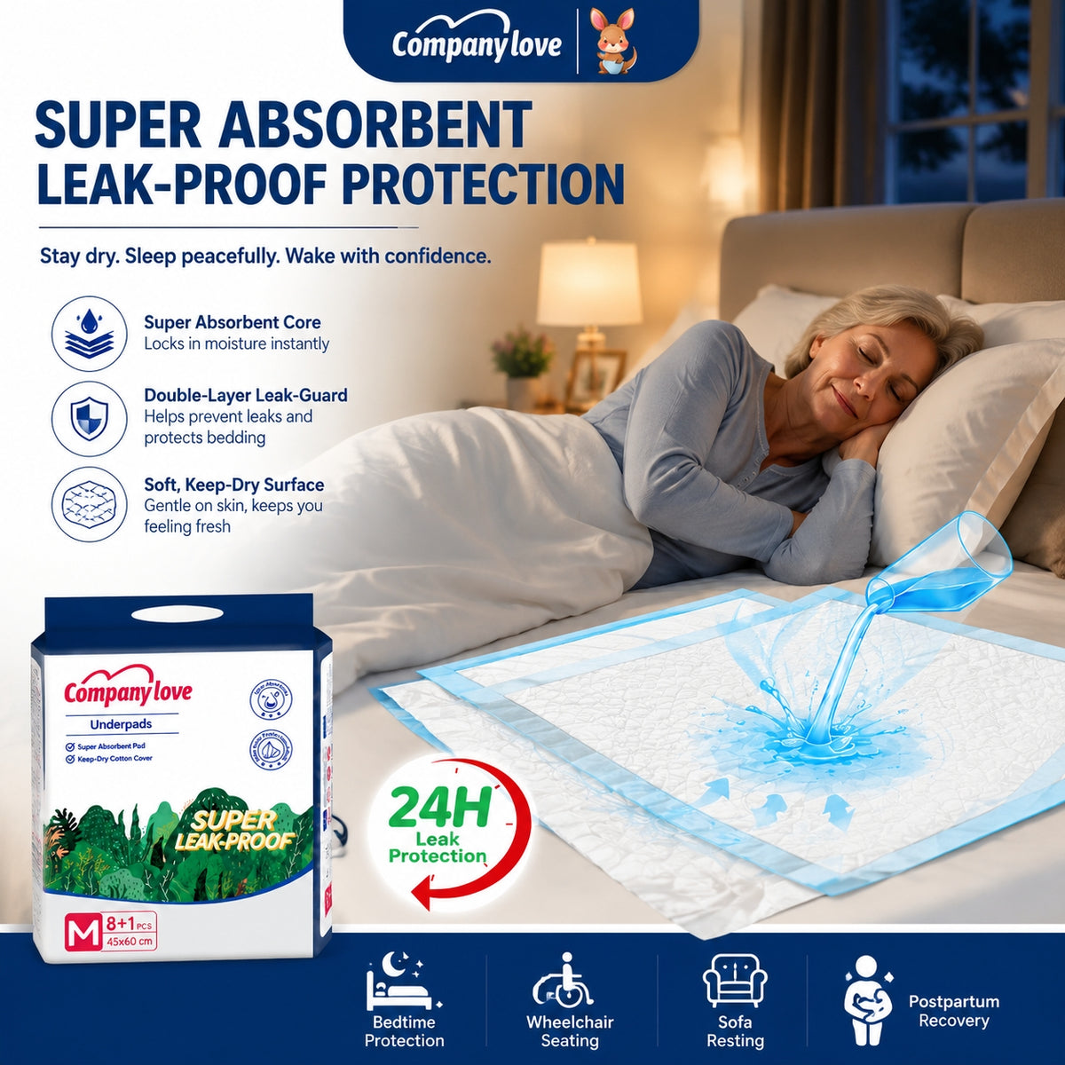 [LUZON Free shipping] Company love Disposable Underpad Incontinence pad 9 Pieces × 14 Packs, M–XL