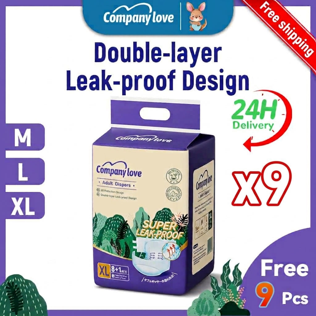 Bulk packaging of Company Love Adult Tape Diapers showing the 9 pieces x 9 packs box design with size details.