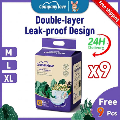 Bulk packaging of Company Love Adult Tape Diapers showing the 9 pieces x 9 packs box design with size details.