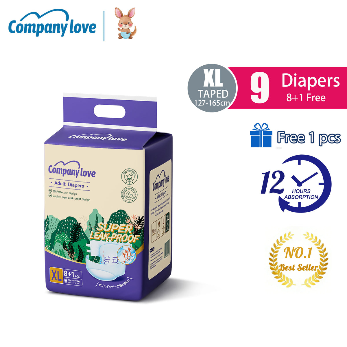 Company love Ultra-high Quality Adult Tape Diapers 9 Pieces × 7 Packs, M–XL